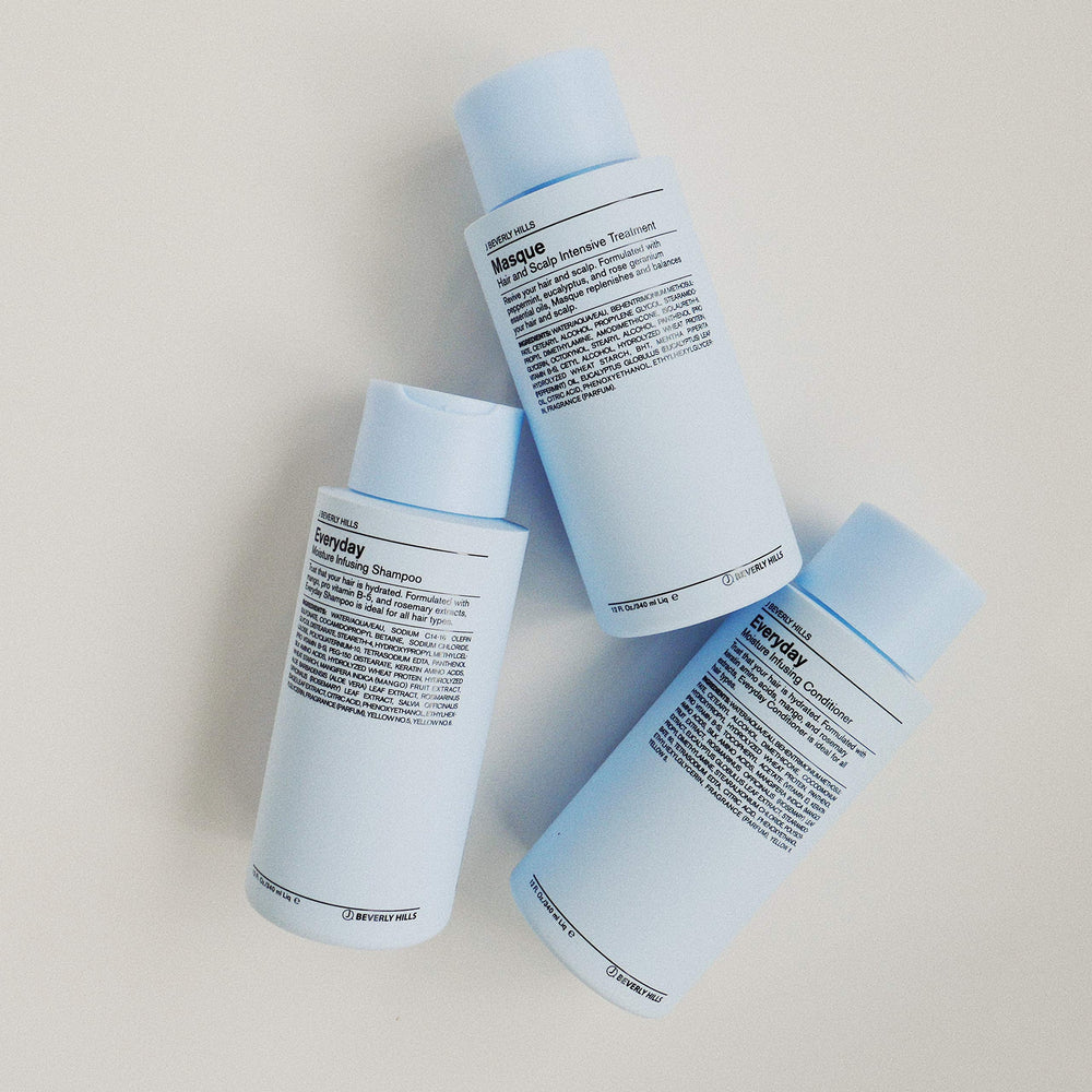 J Beverly Hills Blue Everyday Moisturizing Shampoo in hand illustrates travel-friendly size
