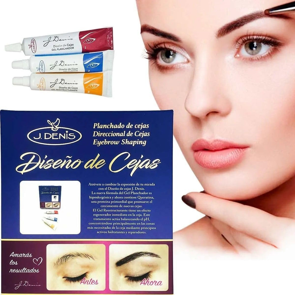 J. Denis Eyebrow Design Kit packaging showing at-home lamination option for professional results