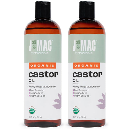 J Mac Botanicals castor oil bottle front shows pure organic formula for skin and hair care.