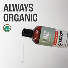 J Mac Botanicals castor oil bottle pour highlights easy application for brows, lashes, and face.