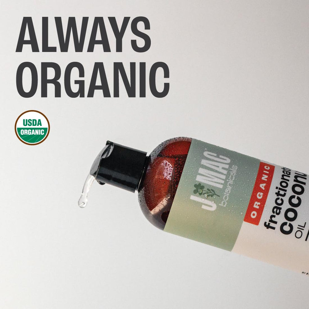 J Mac Botanicals Fractionated Coconut Oil pour, smooth texture for aromatherapy and massage.