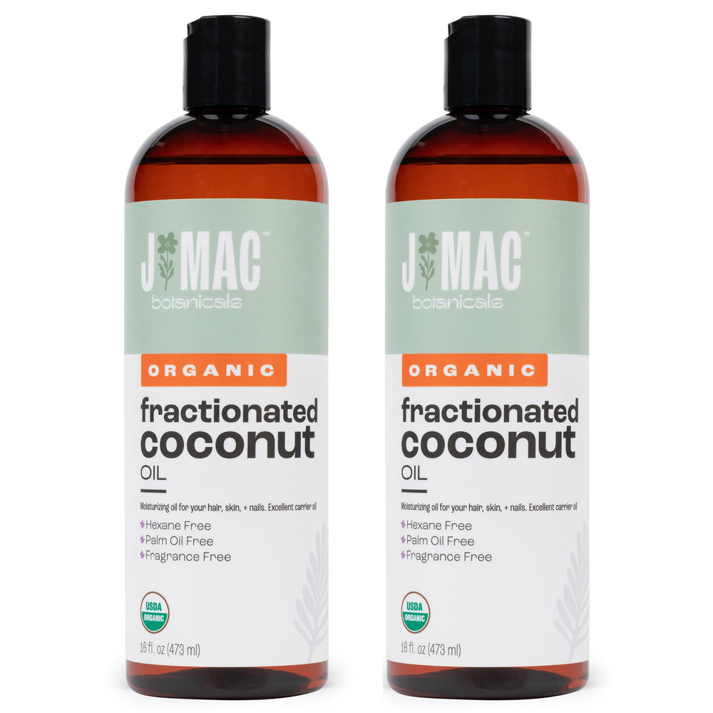 J Mac Botanicals Organic Fractionated Coconut Oil bottle, versatile carrier for essential oils.