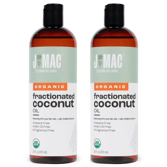 J Mac Botanicals Organic Fractionated Coconut Oil bottle, versatile carrier for essential oils.