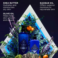 Jack Black Blue Midnight bottle closeup highlights the scent-led, woodsy wash experience.
