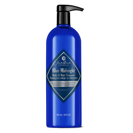 Jack Black Blue Midnight bottle pour shows a rich lather for body and hair cleansing.