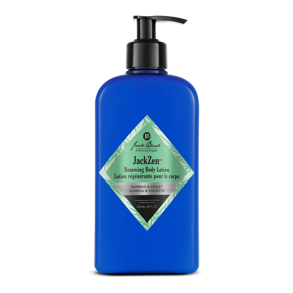 Jack Black JackZen Renewing Body Lotion bottle closeup showing fast-absorbing hydration for dry skin