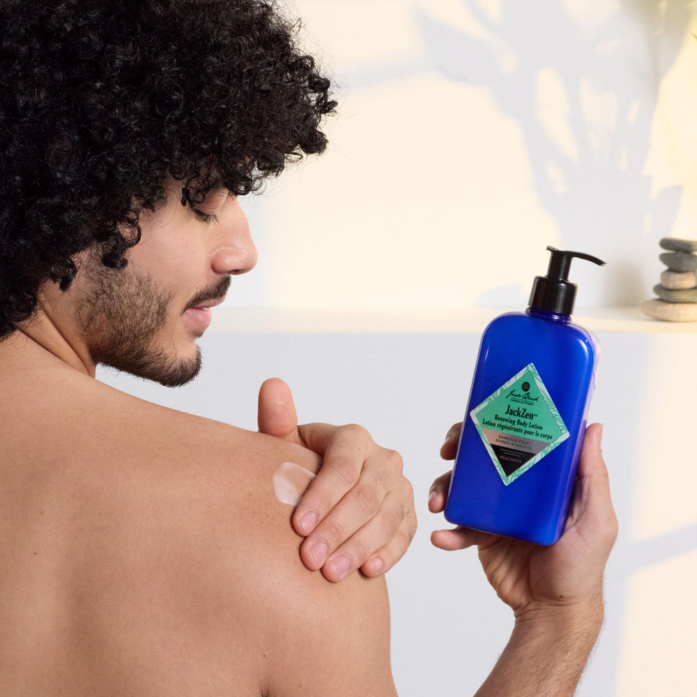 Texture swatch of JackZen Renewing Body Lotion demonstrating quick absorption without greasiness
