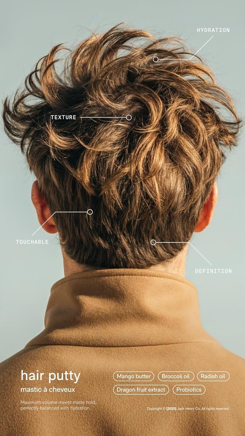 Jack Henry Hair Putty jar highlights nourishing mango butter and broccoli seed oil.