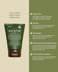 Jackfir Classic moisturizer tube label highlighting clean, organic ingredients for daily use.
