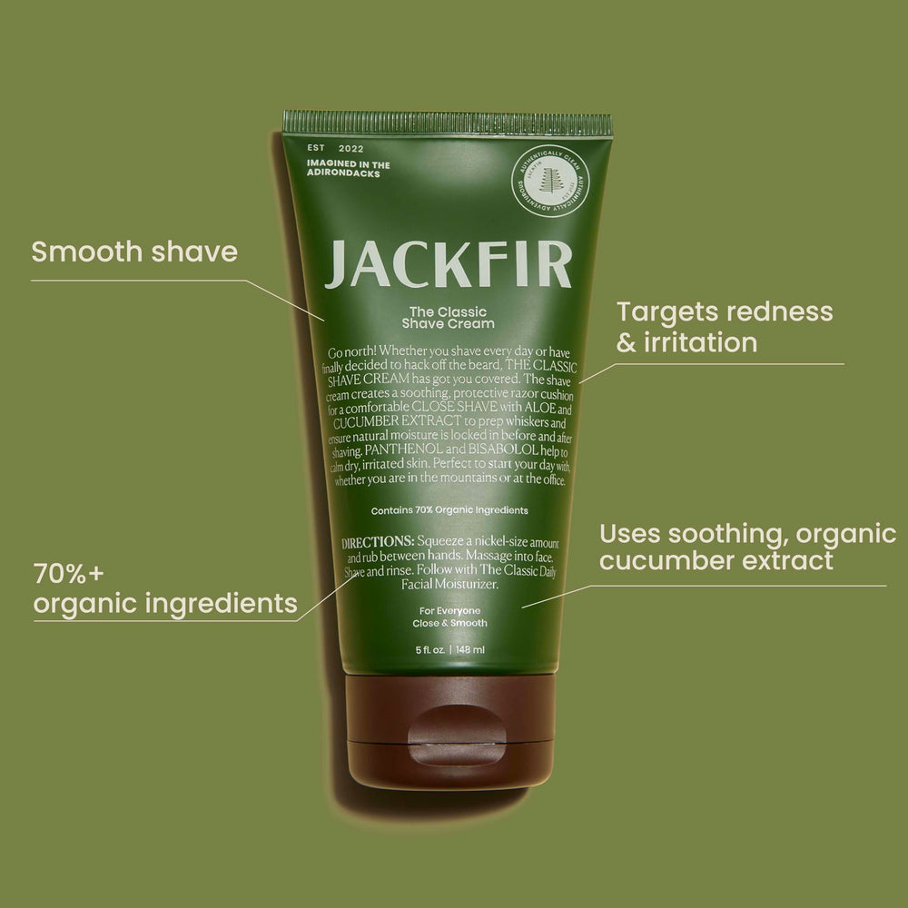 Jackfir Classic Shave Cream eco-packaging featuring recycled tube materials.