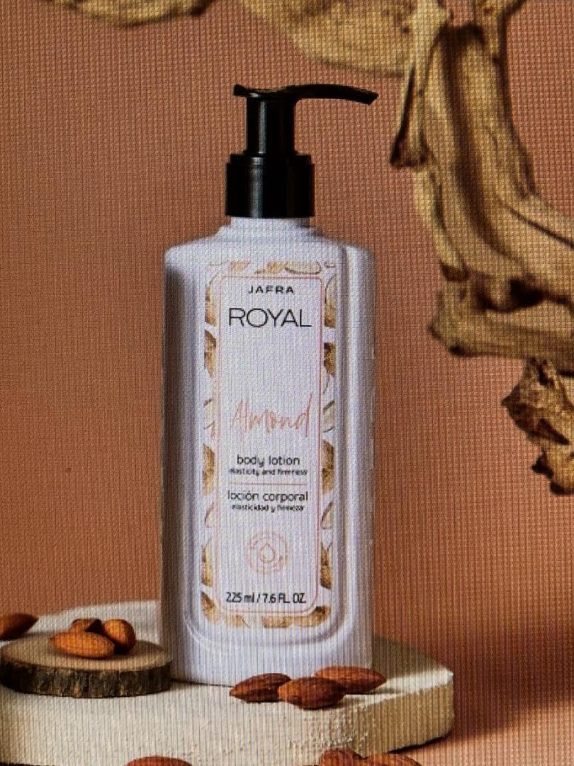 JAFRA Royal Almond Hydrating Body Lotion bottle delivering soft, refreshed skin.