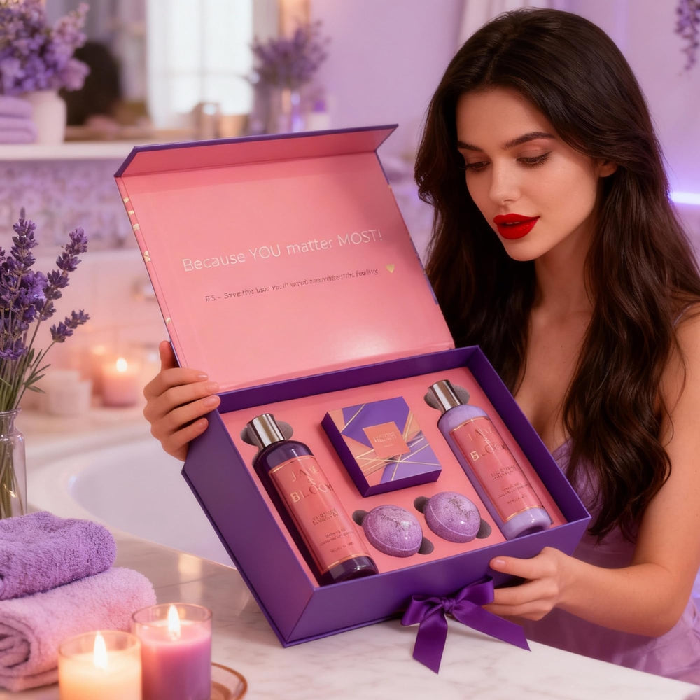 Gift box open reveals a premium spa set.