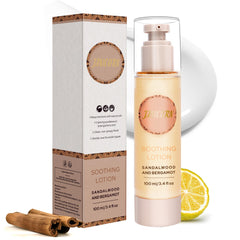 JANICORN sandalwood-bergamot lotion bottle for a calming self-care ritual.