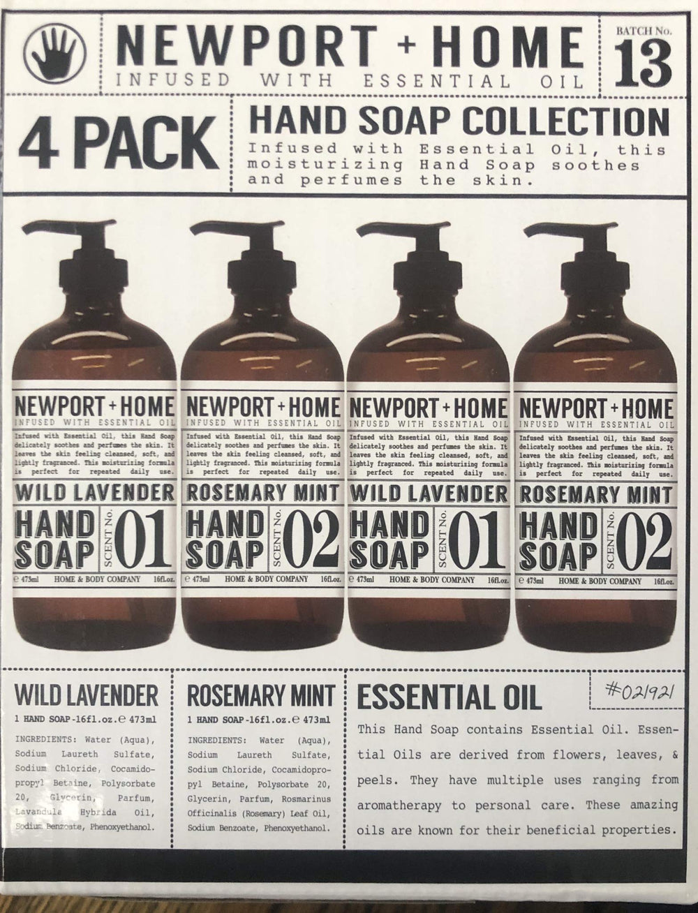 JAROFUREL Newport hand soap bottles arranged on a clean glass pump set for daily use.