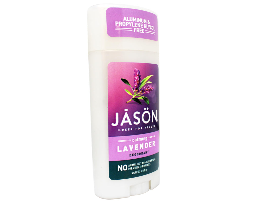 JĀSÖN Calming Lavender Deodorant Stick label closeup highlighting safe ingredients