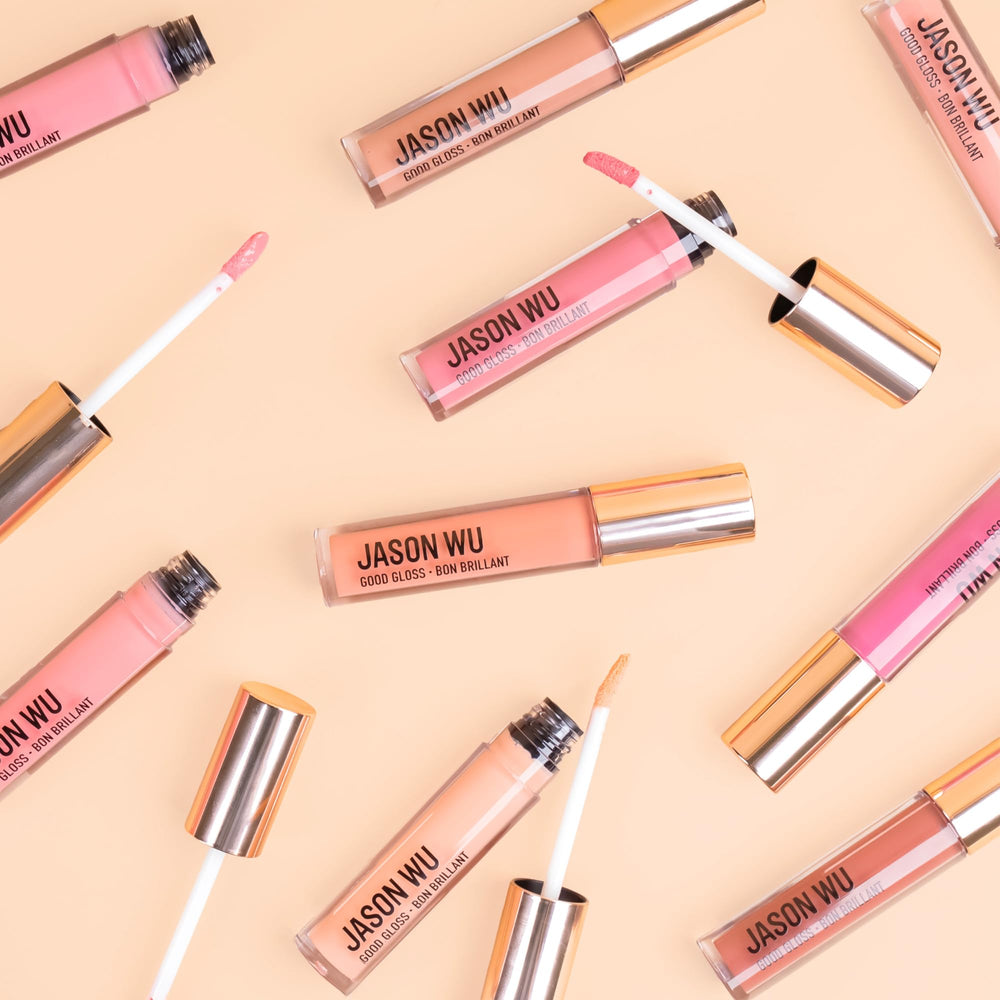 Lip glow shot using Jason Wu Good Gloss Almond Latte reveals medium pigment shine.