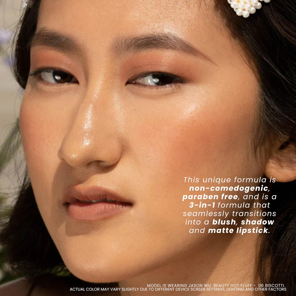Jason Wu Hot Fluff blush swatch adds soft color for balanced monochrome look