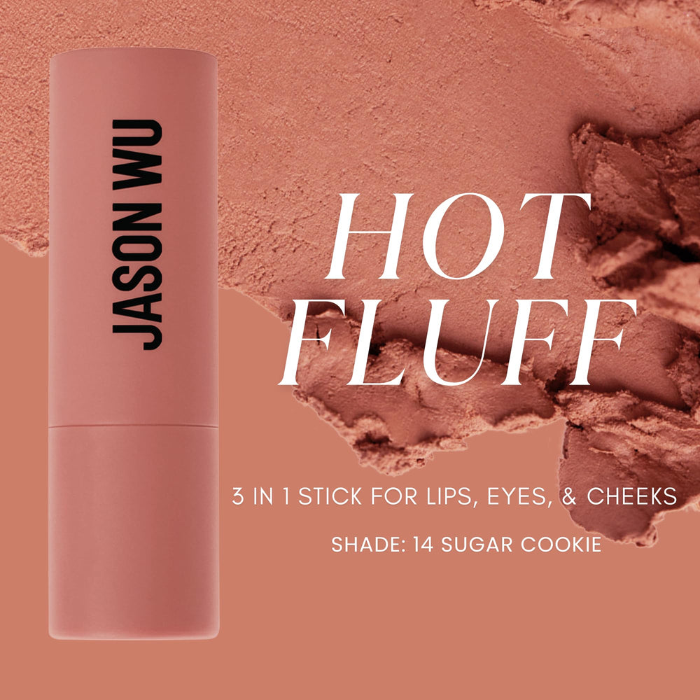 Jason Wu Hot Fluff blush swatch in Sugar Cookie for seamless monochrome makeup.