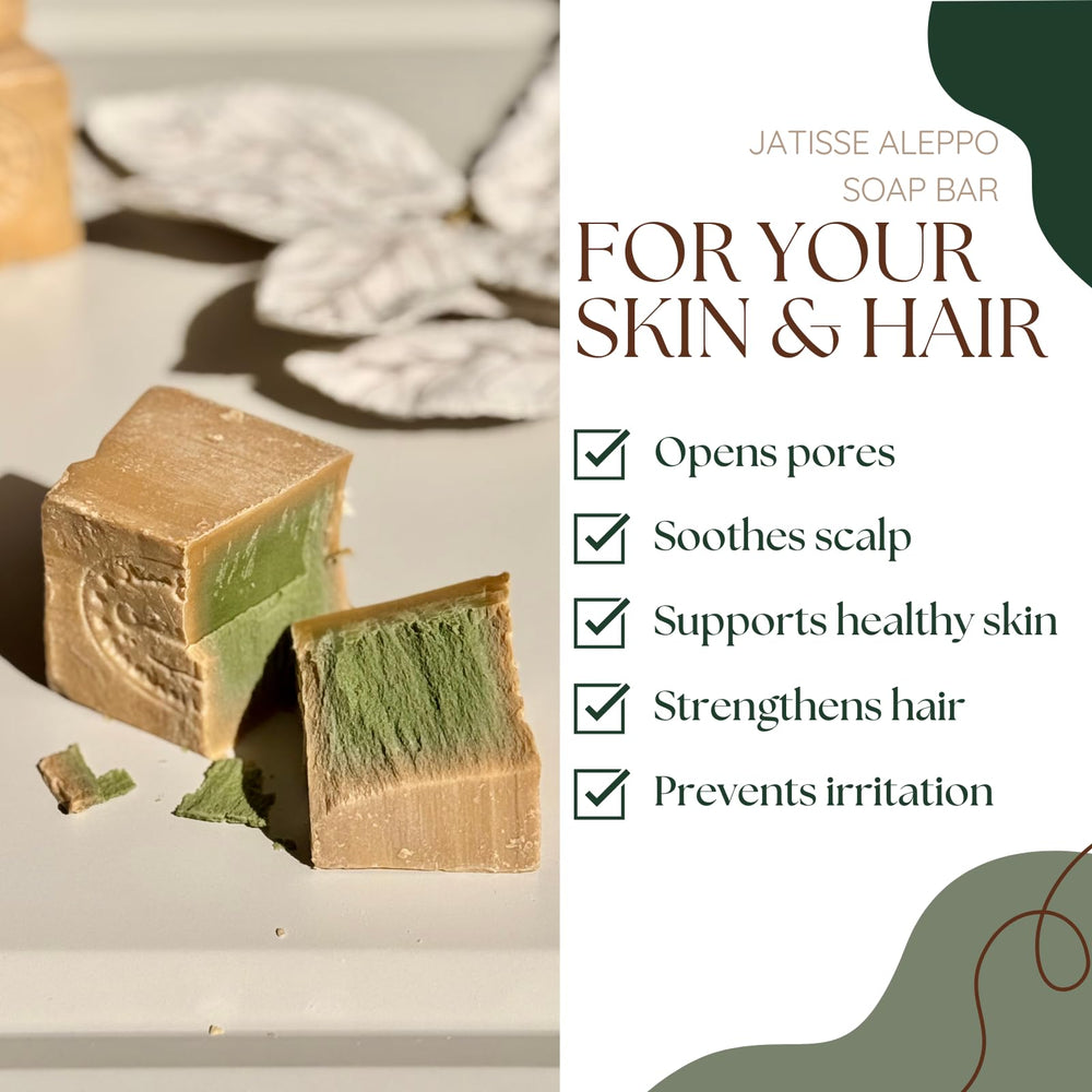 Jatisse Aleppo Soap with olive oil and laurel oil, ideal for gentle moisturization.