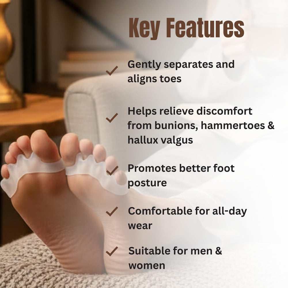 Jaws Podiatry Toe Alignment Separator front view on foot illustrates gentle toe spacing in action