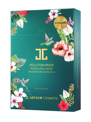 JayJUN Pollution-Proof Refreshing Mask packaging shows compact 10-sheet box for urban skincare.