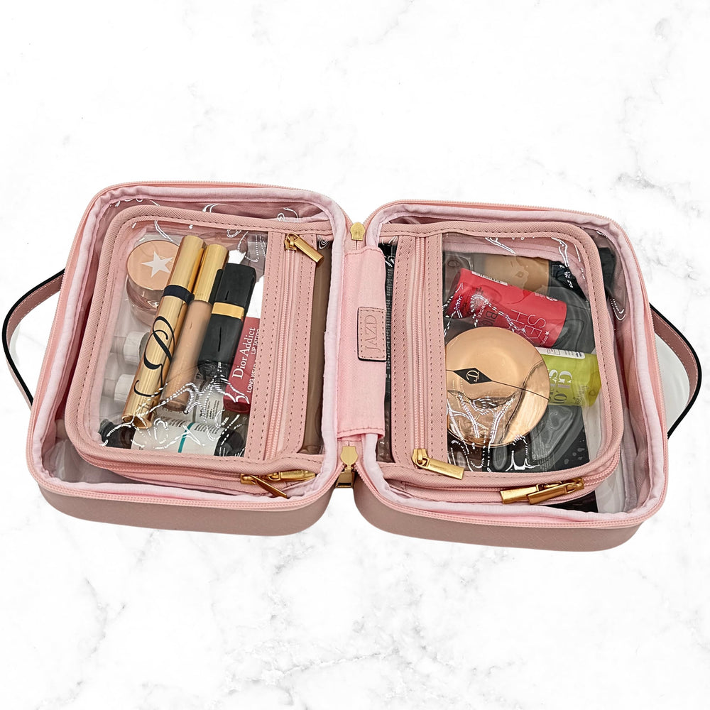 JAZD Clear Makeup Bag Pink compact size fits into luggage, purse, or carry-on