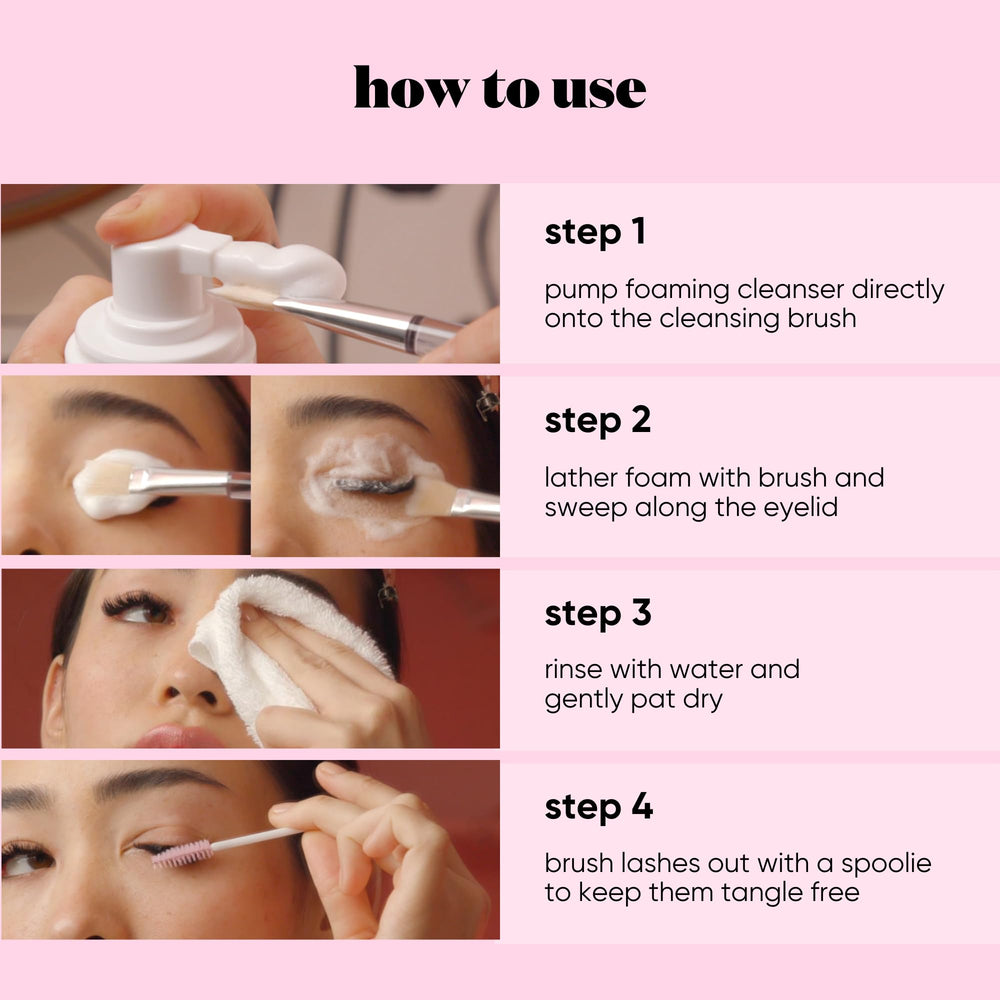 JB LASHES eyelid cleansing foam in action along lash line for clean extensions.