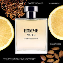 Jean Marc Paris Homme Noir bottle side view highlights the woody fragrance.