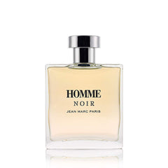 Jean Marc Paris Homme Noir label close-up emphasizes luxury branding.