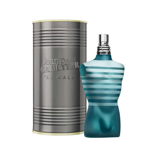 Jean Paul Gaultier Le Male bottle close-up, iconic torso design suggesting minty-woody fragrance.