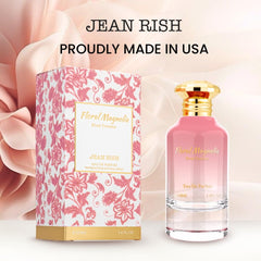 Jean Rish Floral Magnolia bottle side: sleek glass with gold accents.