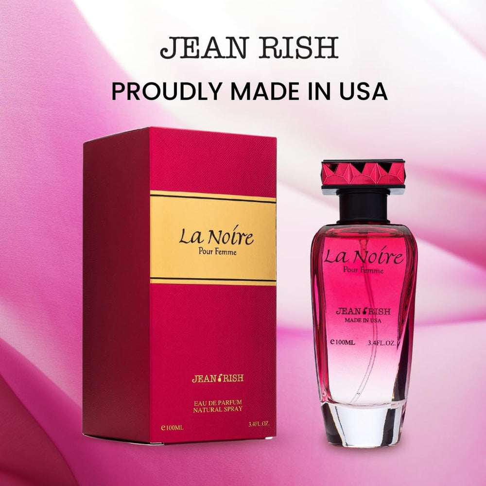 Jean Rish La Noire bottle side view reveals sleek, modern perfume design.