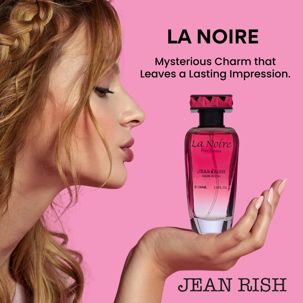 Jean Rish La Noire spray-action image suggests a smooth, long-lasting application.