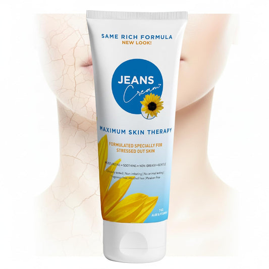 Jeans Cream bottle pour illustrating cooling soothing application on irritated skin.