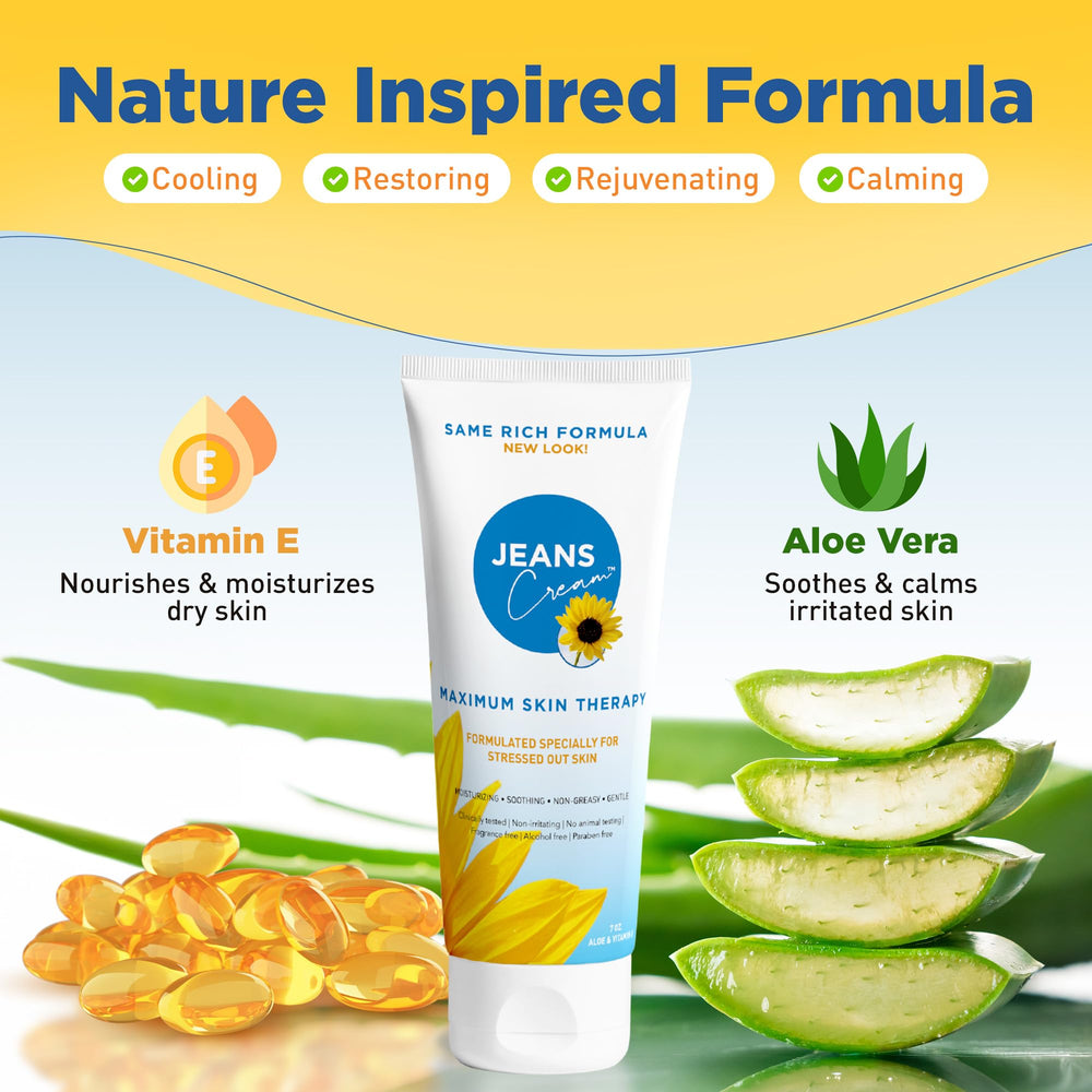 Jeans Cream sunburn relief application demonstrates soothing comfort on the skin.