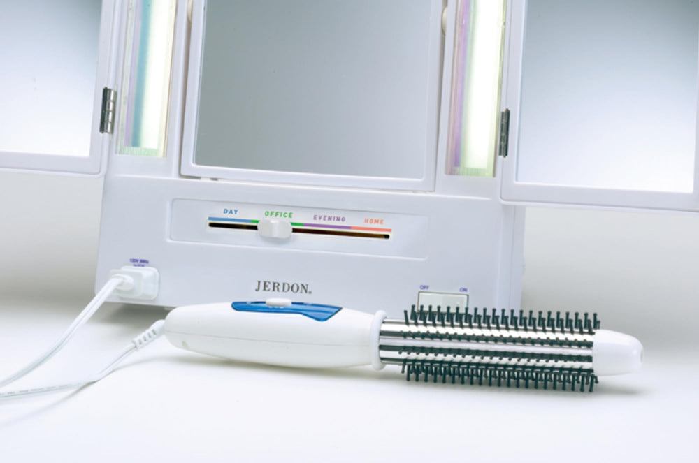 JERDON tri-fold mirror design folds compactly to save counter space.