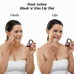 Jerome Alexander Blush ‘n’ Kiss Cream blendable application on cheeks for seamless shading.