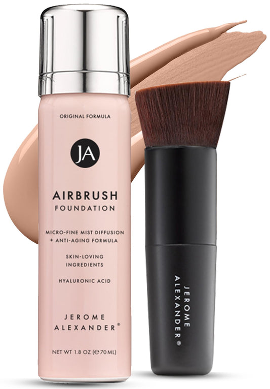 Jerome Alexander MagicMinerals AirBrush Foundation bottle releasing a fine mist for smooth coverage.