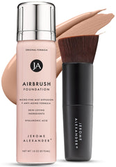 Jerome Alexander MagicMinerals AirBrush Foundation bottle releasing a fine mist for smooth coverage.