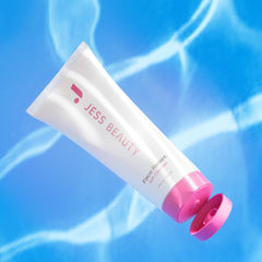 Jess Beauty Label closeup highlights clean ingredients and premium packaging.