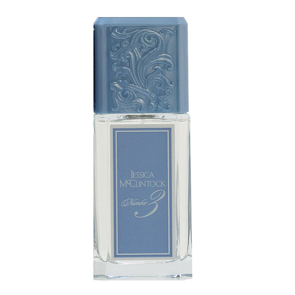 Jessica McClintock Number 3 bottle with blue hue for feminine charm.