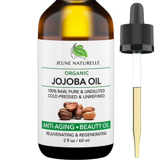 Jeune Naturelle Jojoba Oil bottle showing pure cold-pressed formula for hair and skin hydration.