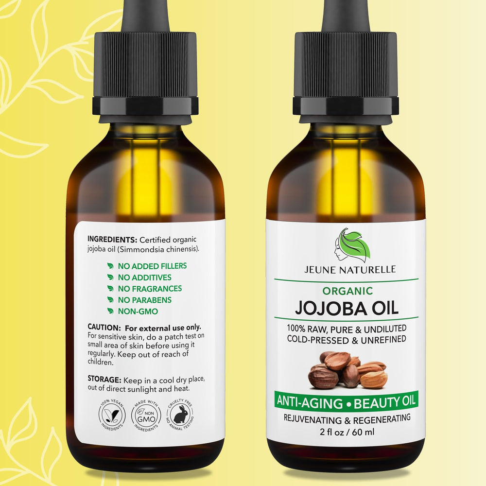 Jeune Naturelle Jojoba Oil label front highlights organic, cold-pressed, unrefined purity.
