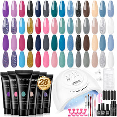JEWHITENY 28-color poly nail gel kit setup for at-home manicure with UV lamp.