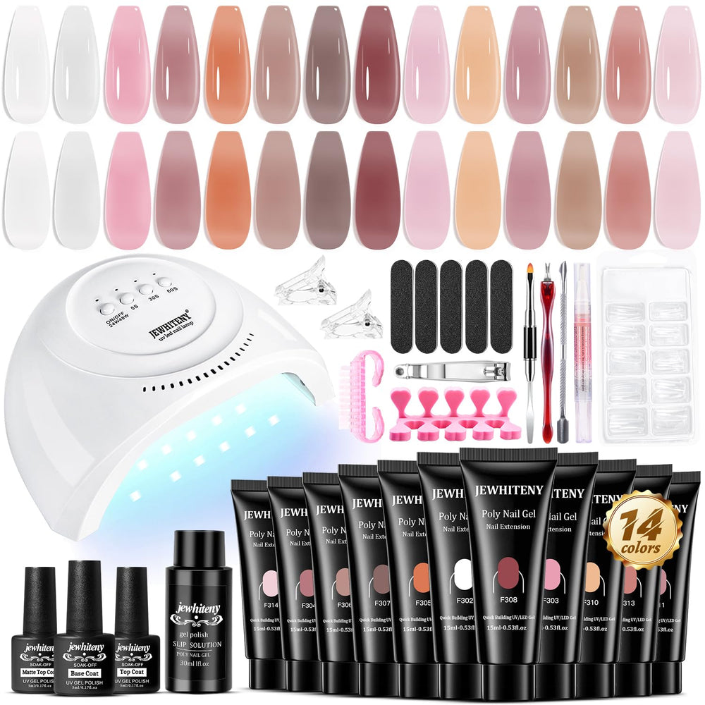 JEWHITENY poly extension kit shows 14 colors for at-home nails.