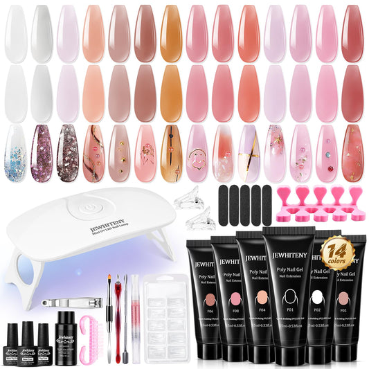 JEWHITENY poly nail gel kit contents with 14 colors and tools for at-home nail extensions