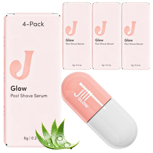 JILL Glow bottle close-up, a lightweight post-shave moisturizer for calm skin after dermaplaning