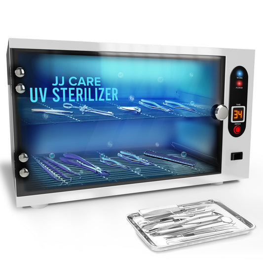 JJ CARE UV sterilizer front view shows compact tabletop design for salons and home use