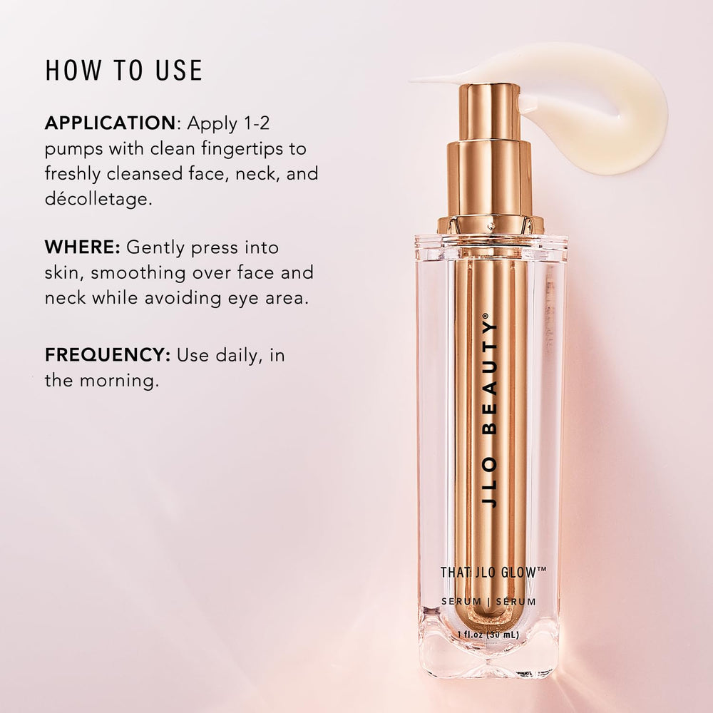 JLO Beauty Brightening Serum application on face shows quick absorption without residue.