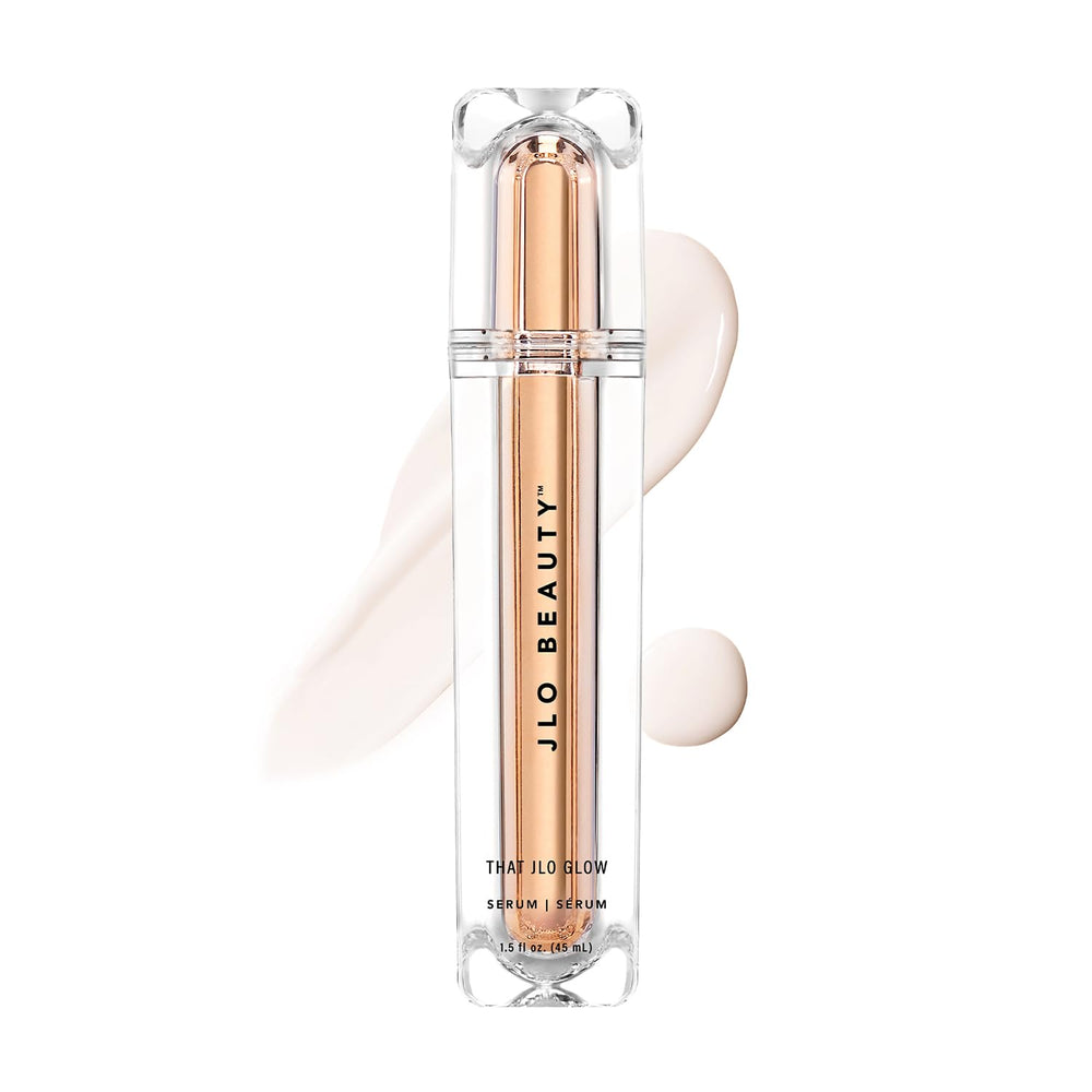 JLO Beauty Brightening Serum bottle glows with premium skincare for radiant daily luminosity.